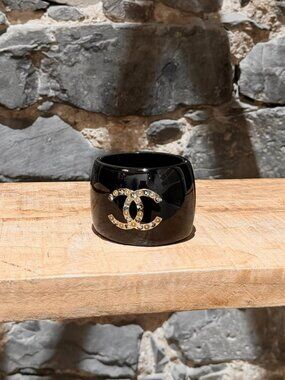 Chanel 09A Black Resin Strass Embellished CC Hinged Bracelet